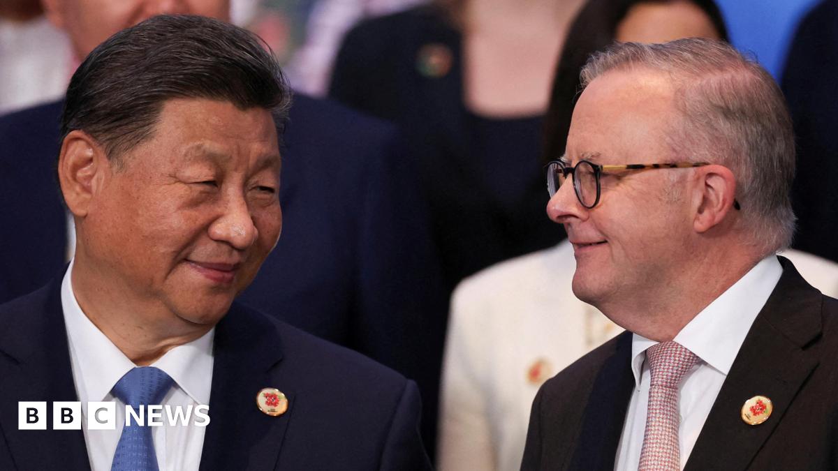 Chinese President Xi Jinping and Australian Prime Minister Anthony Albanese smile at one another in a close up, both wearing suits.
