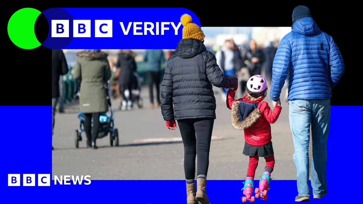 Two adults in coats and hats walk either side of a small child in a pink helmet, red coat and pink rollerskates. They are holding hands.