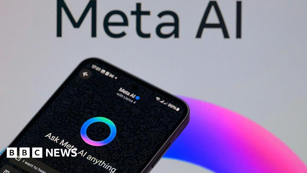 A black smartphone displaying Meta AI is shown next to a background of a post for Meta AI