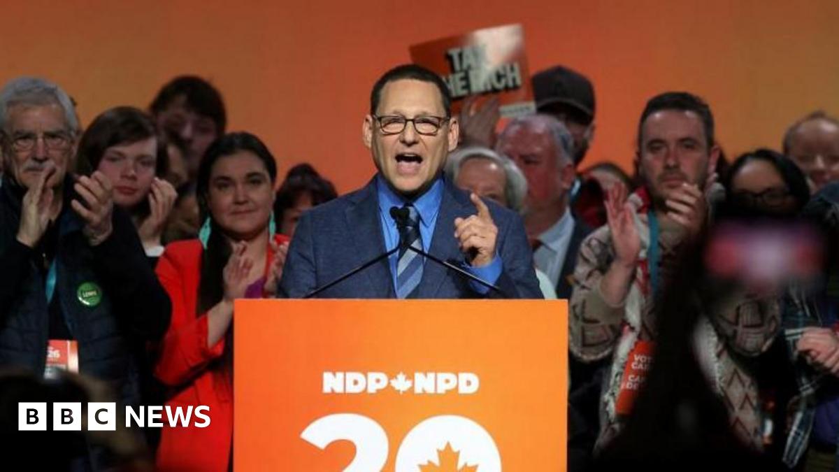 An image showing Avi Lewis speaking at an orange podium with the NDP logo. He is on a stage surrounded by supporters who are cheering him on.