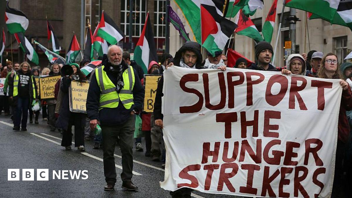 A large crowd of protesters carrying Palestinian flags with a row at the front holding a large white banner which reads 'support the hunger strikers' in red lettering.