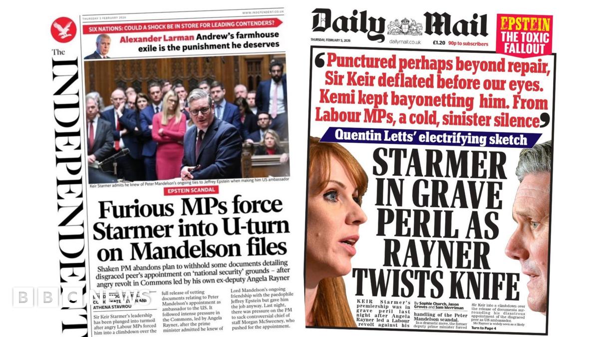 
                            Newspaper headlines: 'U-turn on Mandelson files' and 'Starmer in grave peril'