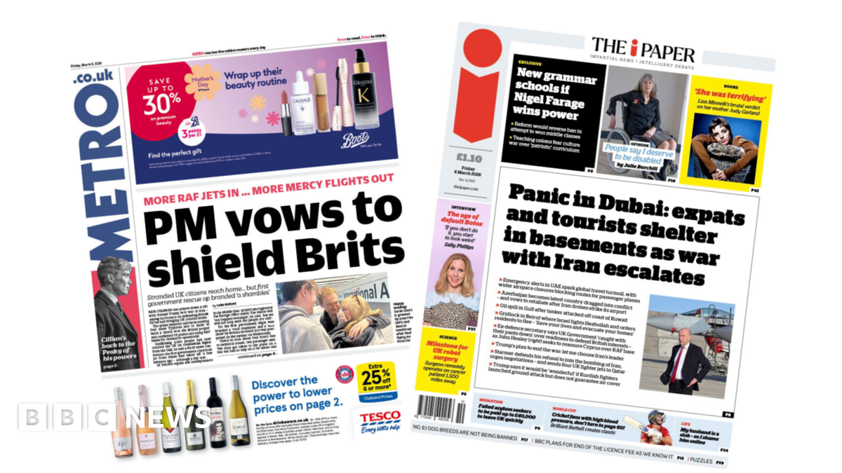 
                            Newspaper headlines: 'PM vows to shield Brits' and 'Panic in Dubai'