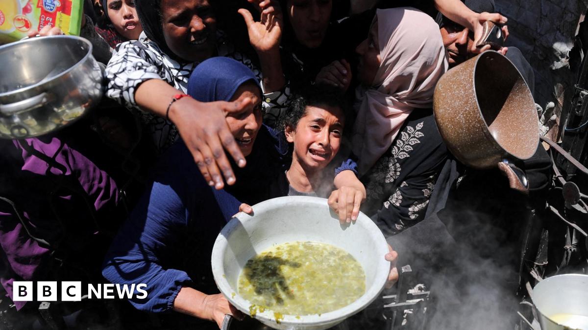 Palestinian receive food cooked by a charity kitchen in Beit Lahia, northern Gaza Strip (8 May 2025)