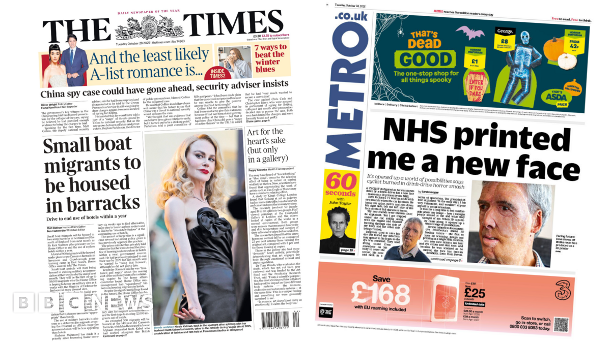 Newspaper headlines: 'Migrants in barracks' and 'NHS printed me a new face'