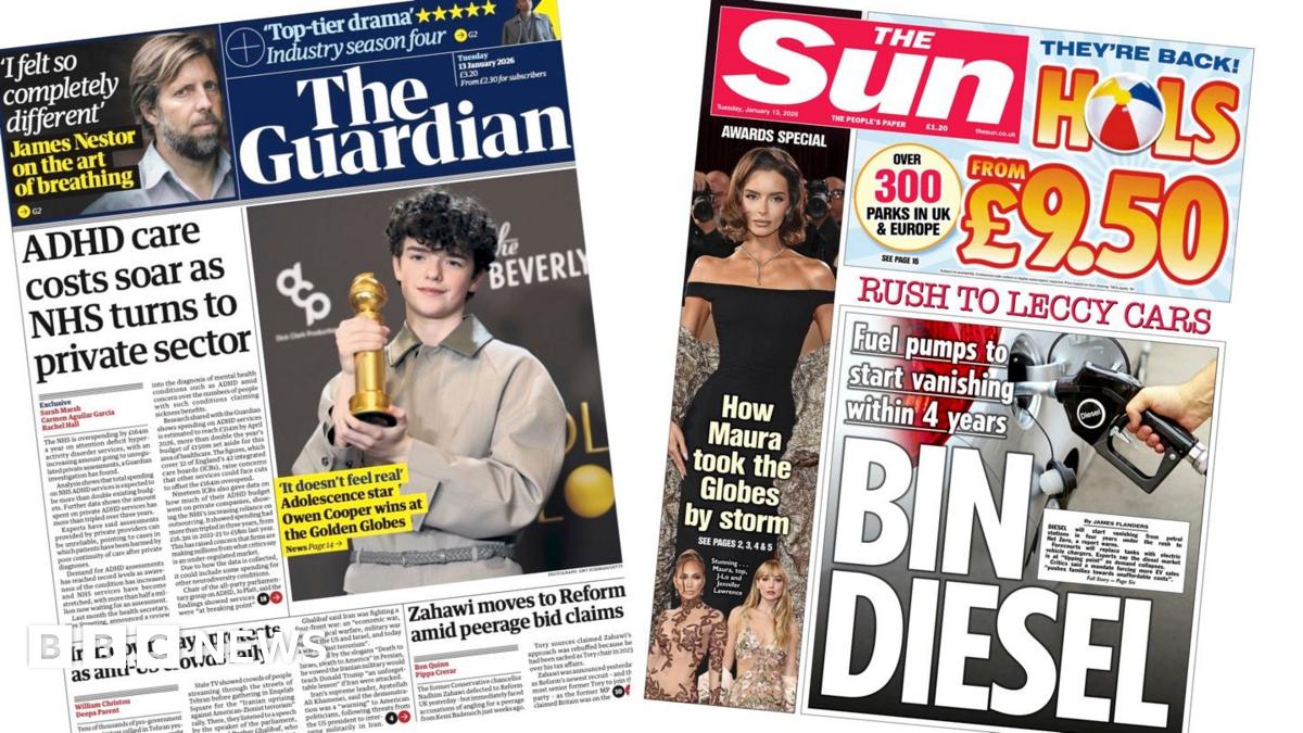 
                            Newspaper headlines: 'ADHD care costs soar' and 'Bin Diesel'