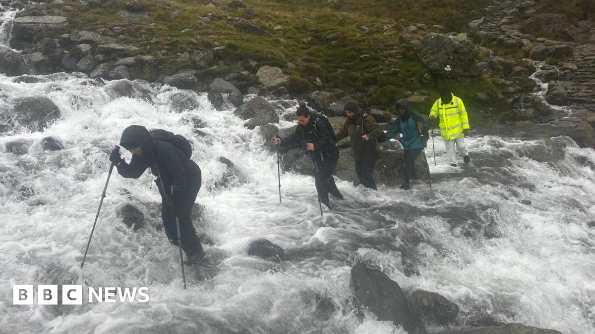 River floods Scafell Pike path blocking walking route