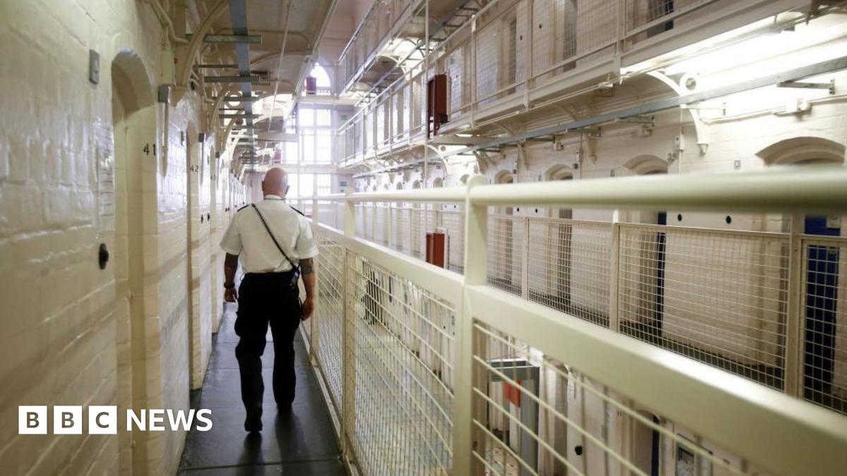 A prison guard walks along a passageway next to a line of cells
