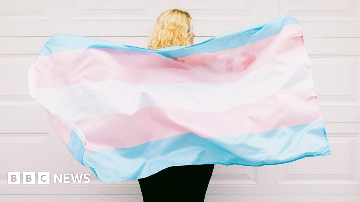 A transgendered person with long blonde hair faces away from the camera and holds the blue, pink and white trans flag behind their back. 