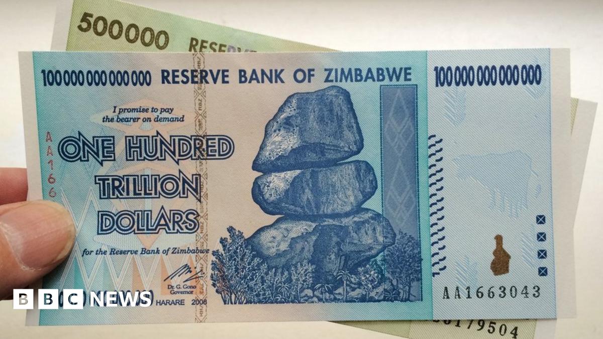 Zimbabwe 100 trillion and 500 thousand dollar banknotes, produced after the country experienced a period of hyperinflation.