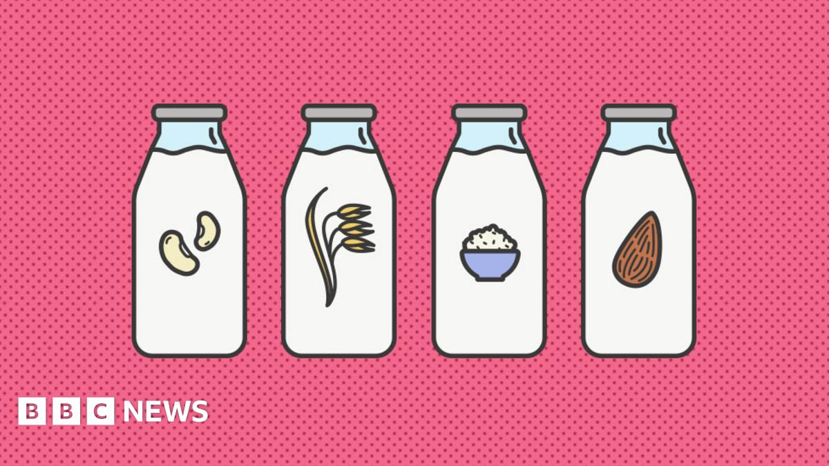 promo image for story on alternative milks with illustrations of almond, soy, rice and oat milk bottles