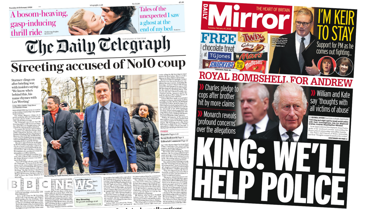 Newspaper headlines: 'Streeting accused of No 10 coup' and 'King: We'll help police'
