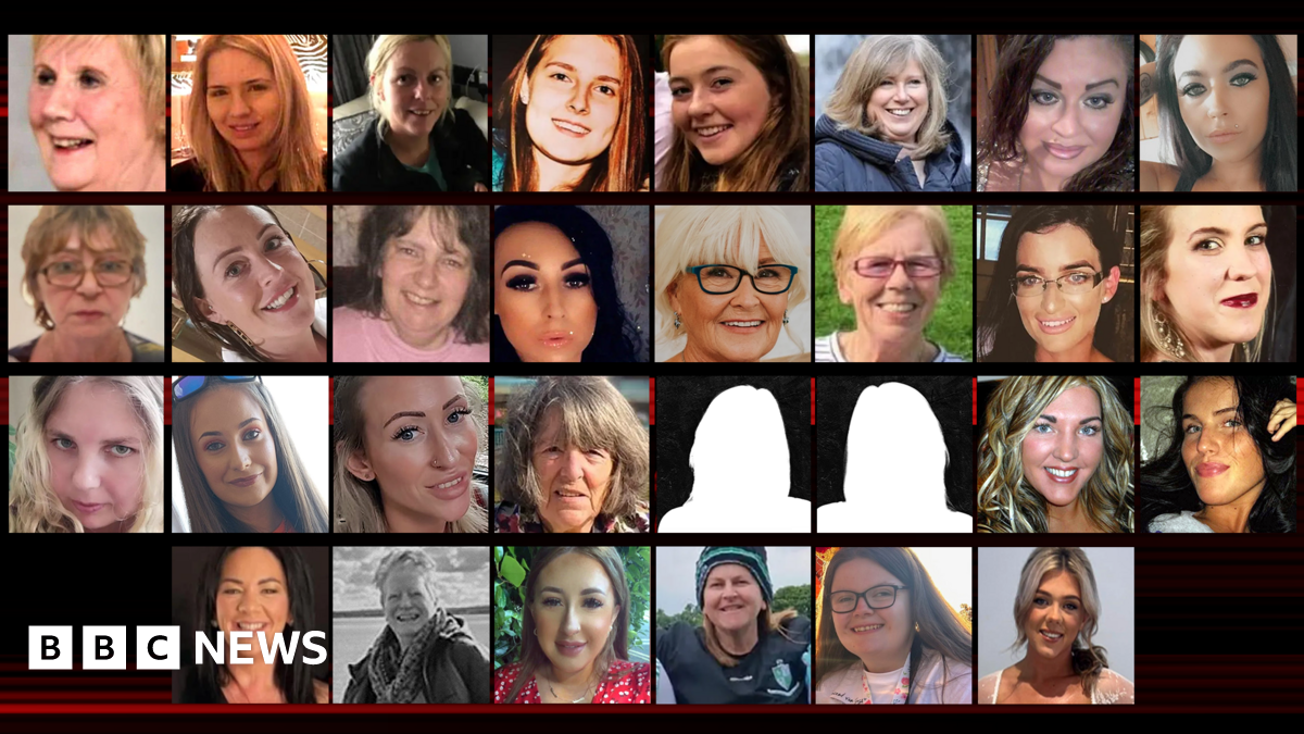 A collage of pictures of 28 of the 30 women who have died violently in Northern Ireland since 2020, with two silhouettes representing the other two women