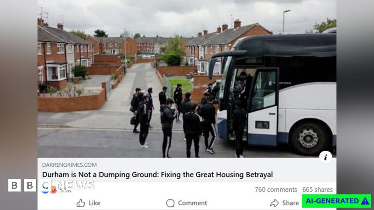A screenshot of an AI-generated image showing a group of South Asian men in black tracksuits next to a white coach in a suburban housing estate as part of a posted Facebook link. Underneath there is a headline from Darren Grimes's blog saying, Durham i...