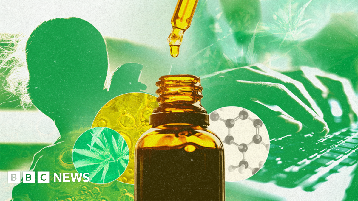 Designed pic with a small medicine bottle, with a pipette dropping liquid back into it. In the background are silhouettes of someone typing on a keyboard and a child's head. There are also circles showing a chemical element, a cannabis leaf and some oi...