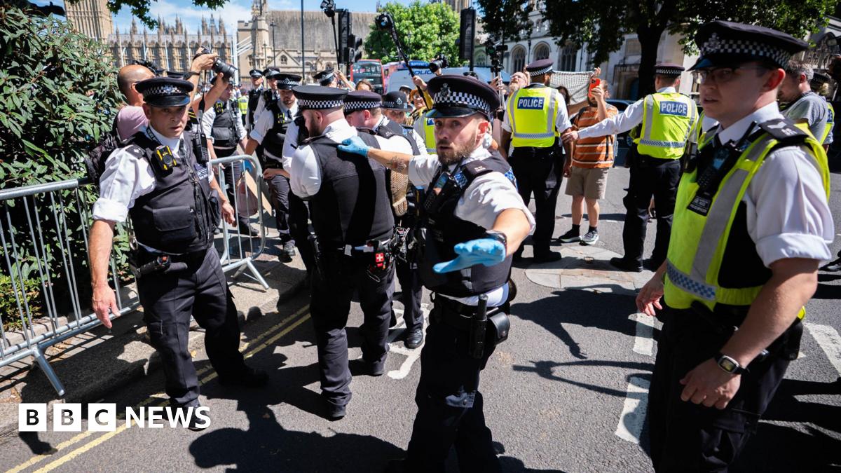 A number of police officers on a road with some members of the public taking photos and filming. The police appear to be carrying a person although only their foot can be seen in the image.