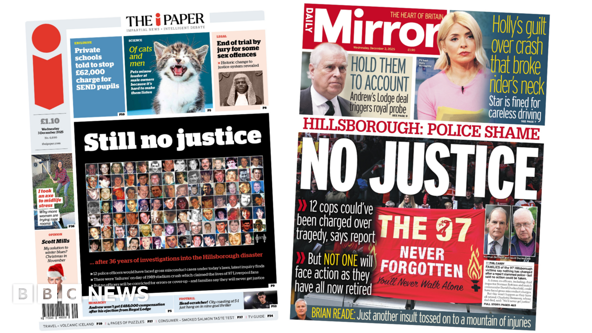 
                            Newspaper headlines: 'No justice' over Hillsborough and 'Holly's guilt over crash'