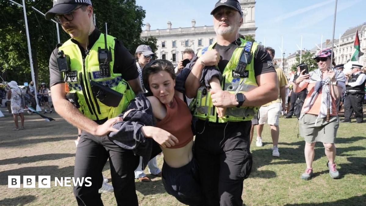 A woman is dragged by two police officers. She is wearing a brown crop top . Behind them are other people, and a man taking a picture.