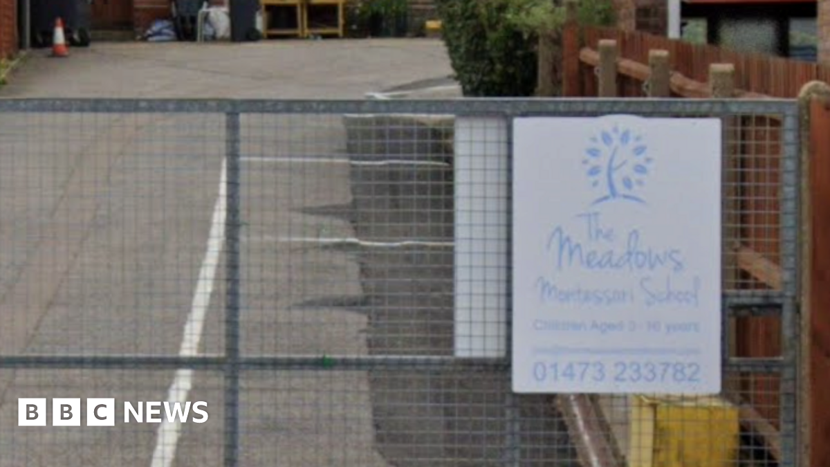 A Google Maps street view image of the entrance of The Meadows Montessori School. A metal fence with a sign for the school restricts access to a small road which leads to the site. 