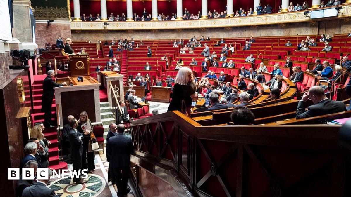 Members of parliament stand and sit on red chairs in the French national assembly in Paris on 28 January.