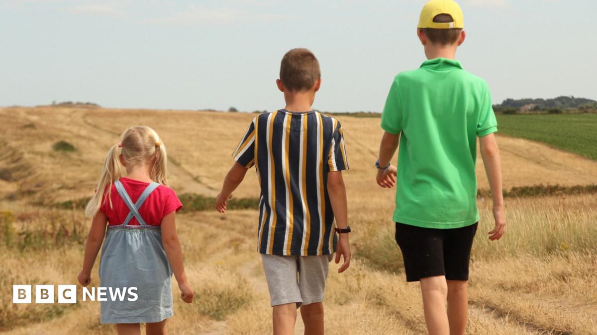 Three children, a little girl, a boy and an older boy, walk along dry grass near the coast. They have their backs to the camera. It's a summer's day.