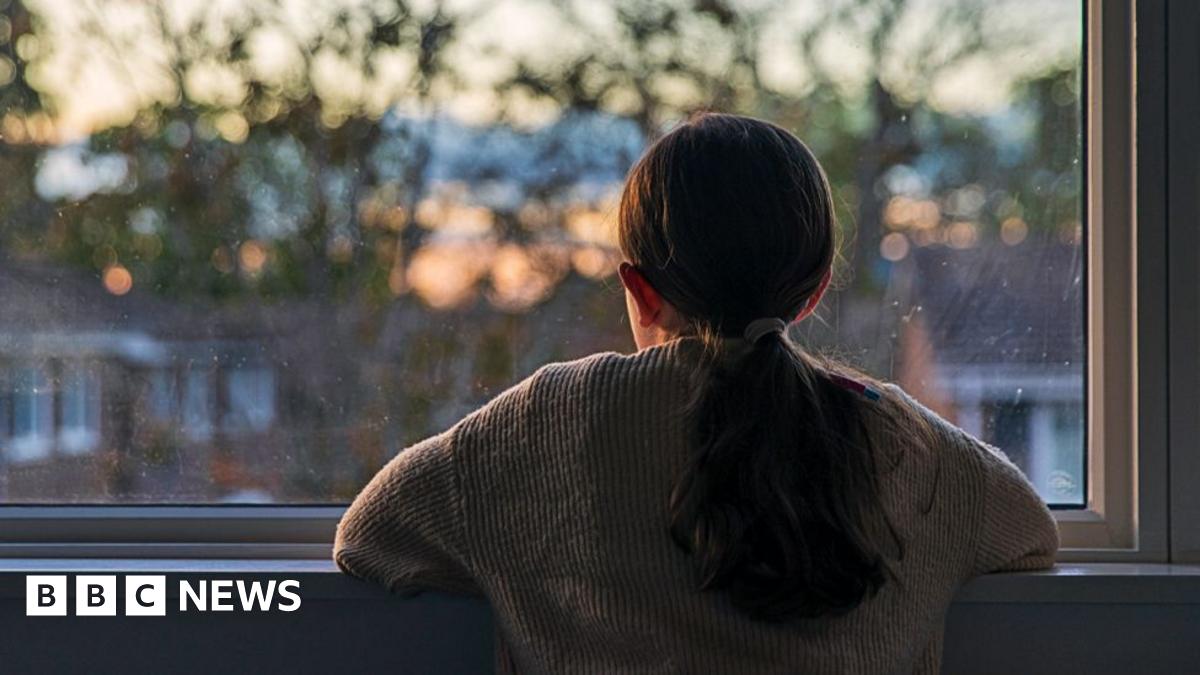 A young girl looks out of a window at a darkening sky. Seen from behind, she is wearing a jumper and has her hair in a ponytail