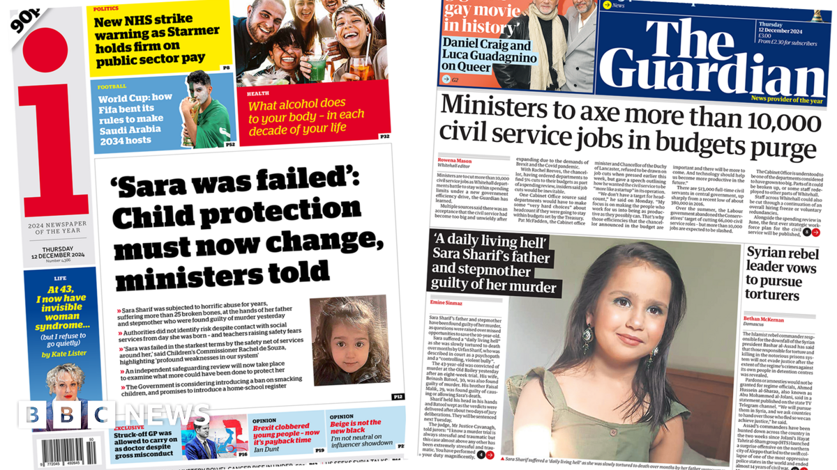 Newspaper headlines: ‘Sara was failed’ and 10,000 civil service jobs ‘to be axed’