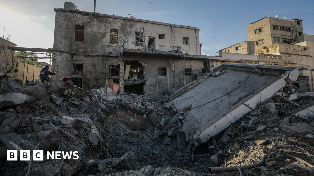 A building destroyed by an Israeli air strike at al-Ahli hospital, Gaza City, northern Gaza (13 April 2025)