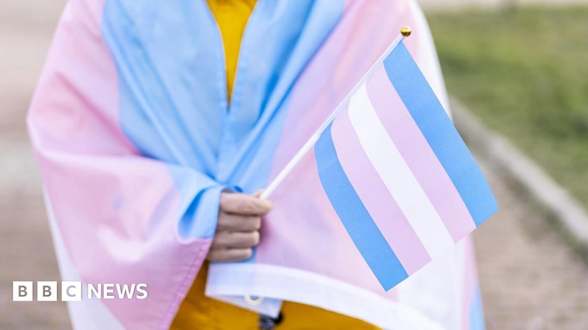 A young person wrapped in a pink, white and blue transgender pride flag