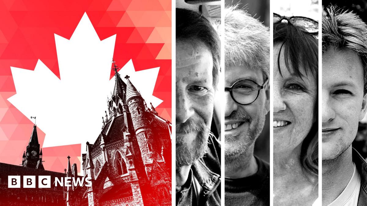 A composite image featuring a stylised image of Canada's parliament on a red background and a white maple leaf, and black-and-white images of the voters the BBC spoke to on the left