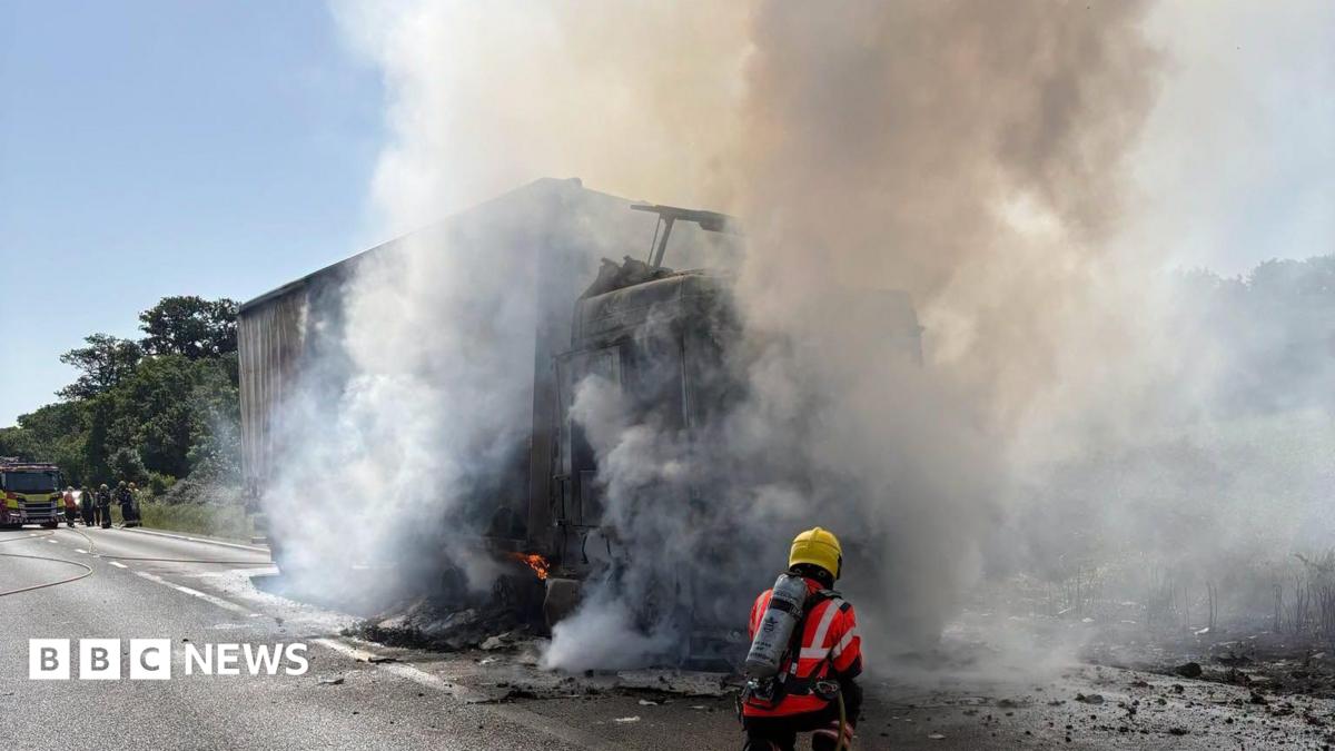 Sugar on road shuts A14 after lorry fire at Catworth
