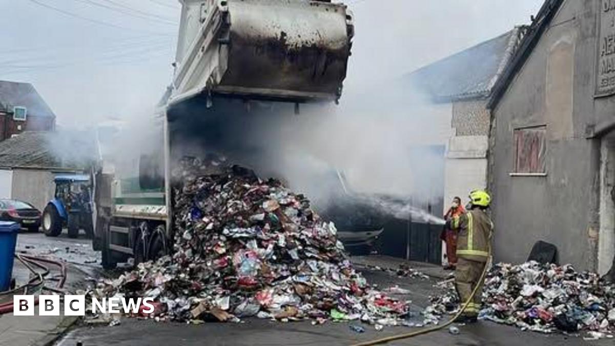 A bin lorry fire being extinguished in Worksop