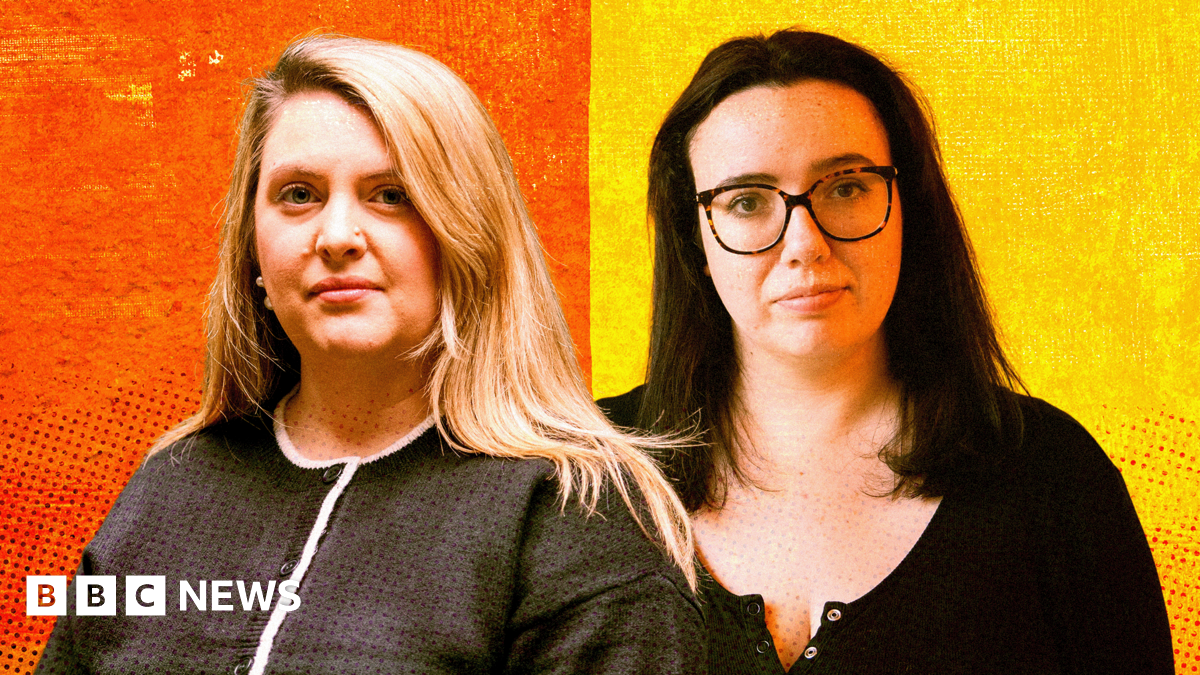 Sophie Hartley and Beth Cooper pose together against a bold, stylized backdrop split into orange and yellow. Sophie on the left has long blonde hair and wears a dark buttoned top with white trim. Beth on the right has dark hair, glasses, and a black bu...