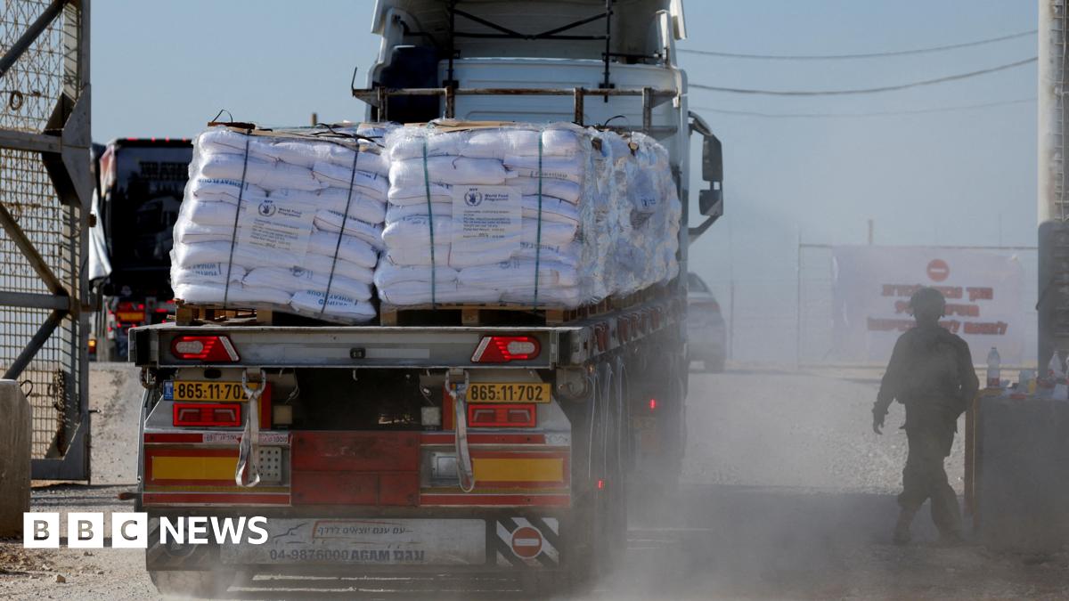 A lorry carrying humanitarian aid crosses into southern Gaza via the Israeli-controlled Kerem Shalom crossing in southern Israel (11 November 2024)