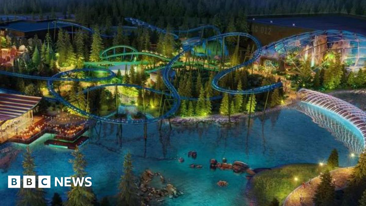 A CGI rendering of what the London Resort's theme park would look like - a blue rollercoaster over the Thames as well as a glass dome. 