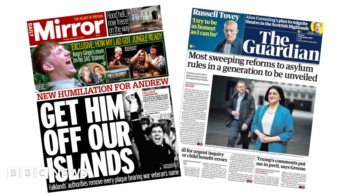 Newspaper headlines: 'Sweeping reforms to asylum rules' and 'New humiliation for Andrew'