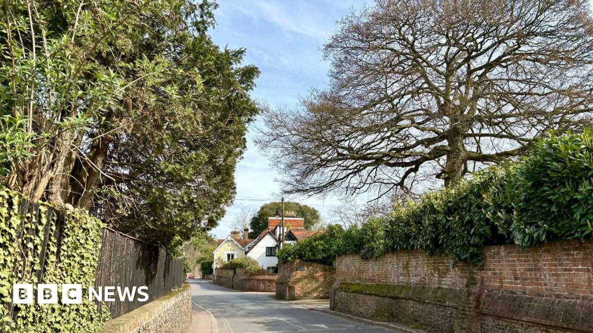 A view of a street in Cookham, with trees lining either side of the road and some houses in the distance.
