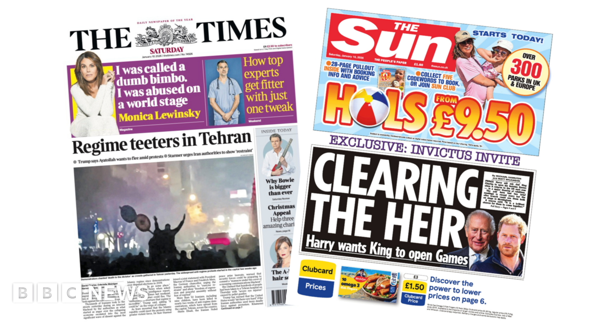 
                            Newspaper headlines: 'Regime teeters in Tehran' and 'Clearing the heir'