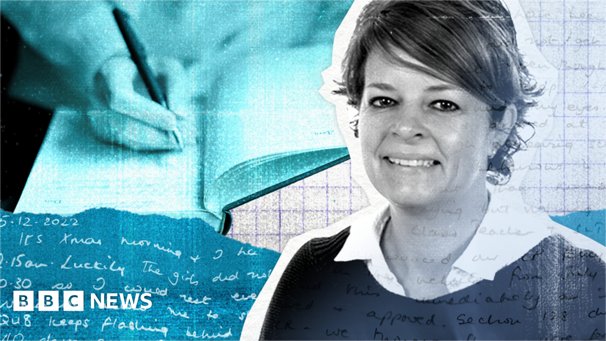 Graphic showing handwriting, a person writing in a notebook, and a headshot of head teacher Ruth Perry