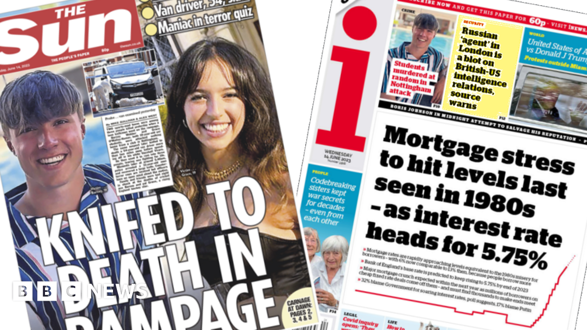 Newspaper headlines 'Nottingham rampage' and 'Mortgage misery looming