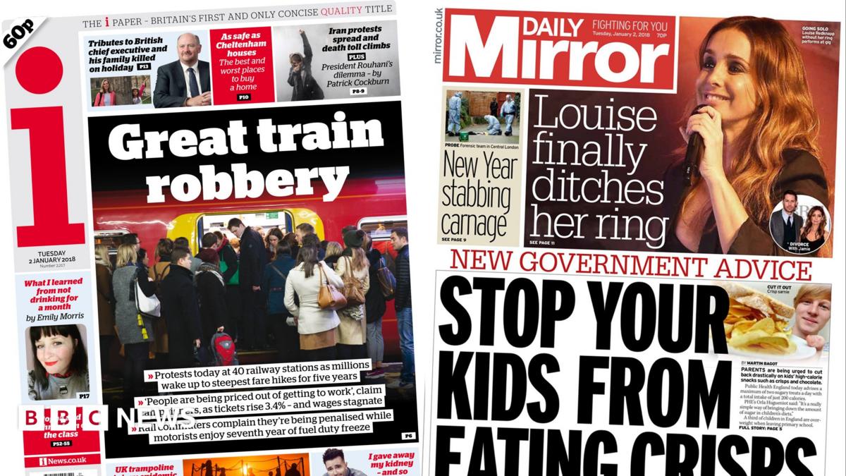 Newspaper headlines 'Great train robbery' and crisps crackdown BBC News