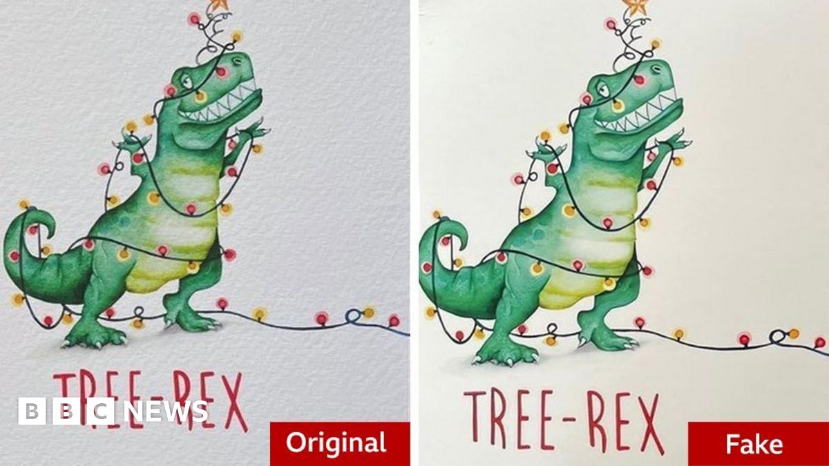 Two versions of the same design of Christmas card with the one on the left marked as original and the one on the right marked as fake. The card shows a painting of a green dinosaur grinning and tangled in Christmas tree lights. The card text says Tree-...