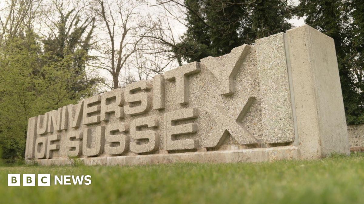 A low concrete monument bearing the text “University of Sussex” sits on a grassy verge, viewed from a low angle. Trees with early spring foliage form the background under an overcast sky, giving the setting a quiet, landscaped campus feel.