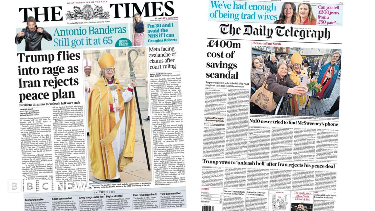 Newspaper headlines: 'Iran rejects peace plan' and '£400m cost of savings scandal'