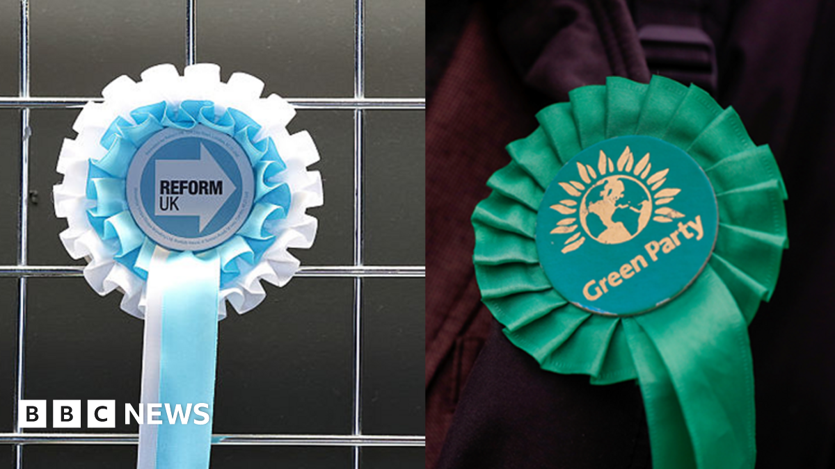 Reform UK and Green Party rosettes