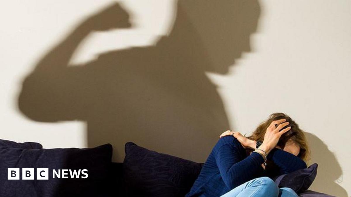 Posed image of the shadow across the wall of a man with a clenched fist, with the shadow appearing to tower over a woman who is cowering in the corner of a navy blue sofa.