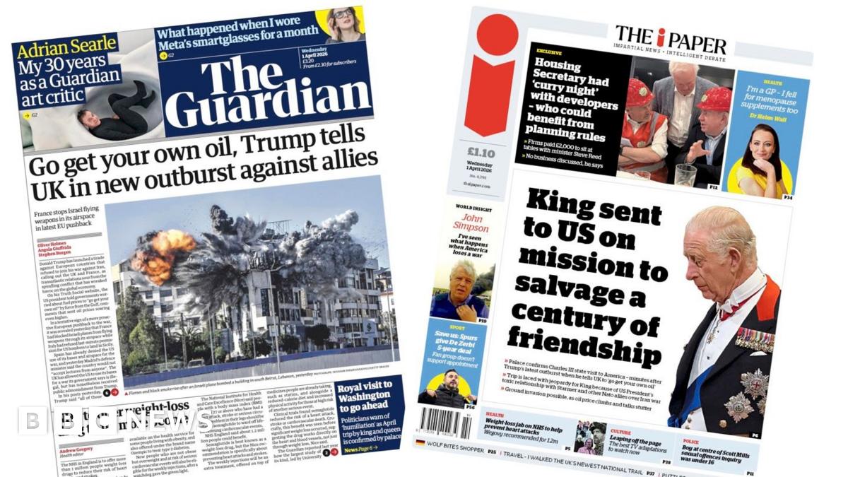 Newspaper headlines showing Trump and Middle East tensions
