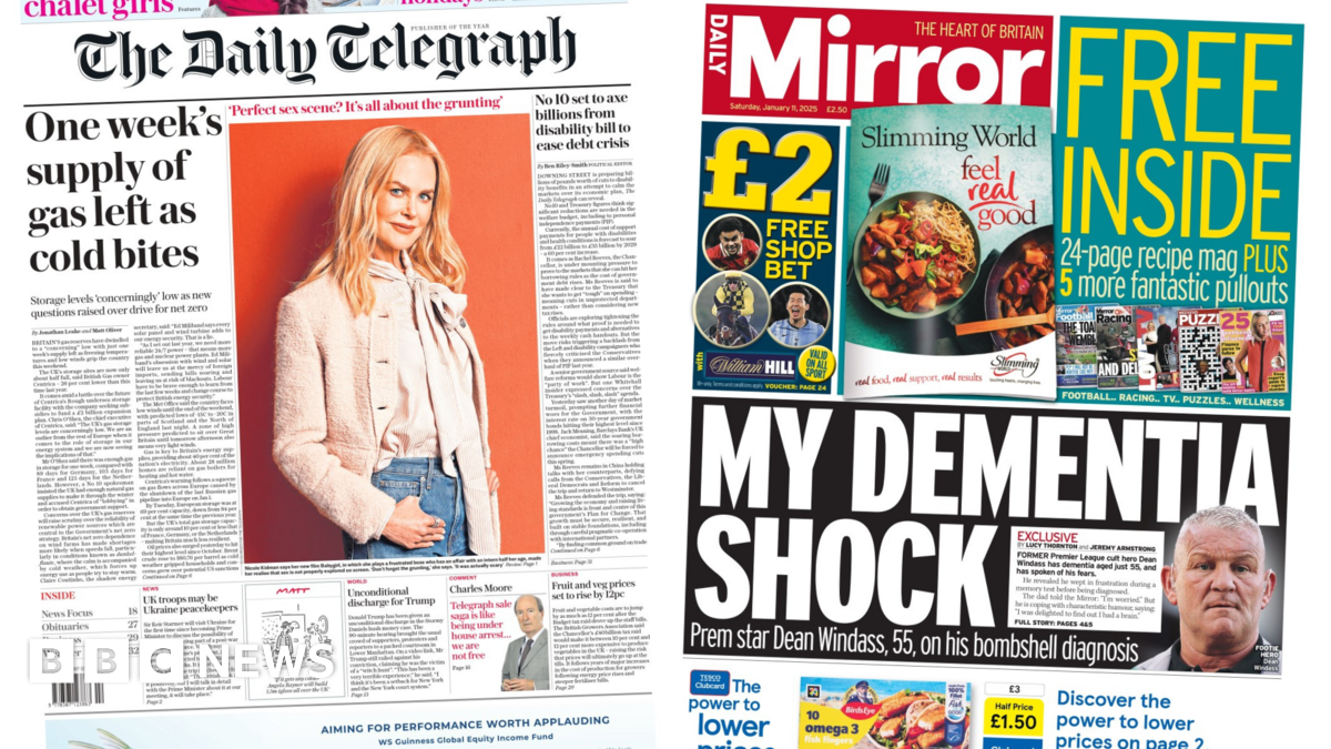 Newspaper headlines: 'Cold bites' gas supply and 'Dementia shock'