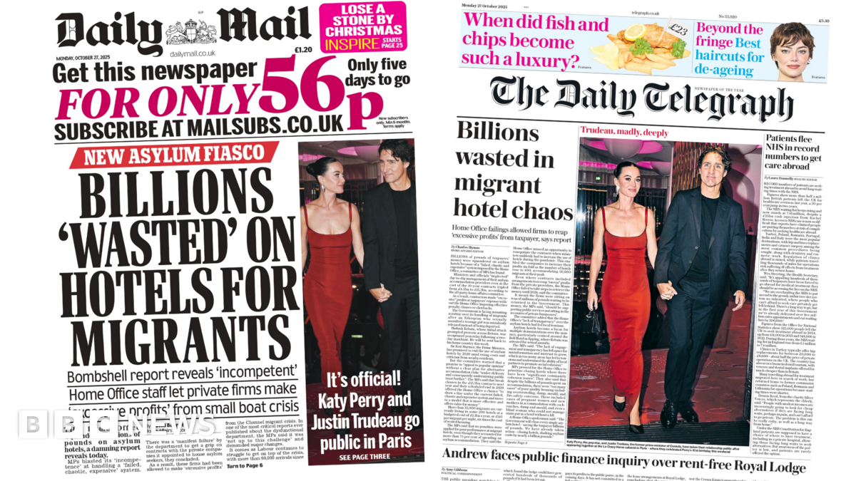 Newspaper headlines: 'Billions wasted on hotels for migrants' and 'Trudeau, madly, deeply'
