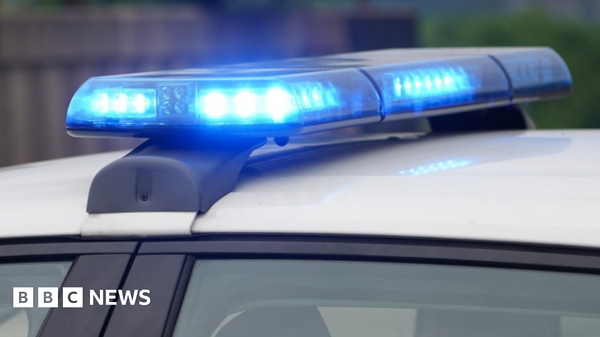 A close-up of the light bars on a police car, flashing a bright blue light. The background is blurred